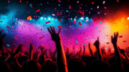 Vibrant concert scene with colorful lights and confetti raining down on the cheering crowd, creating an electric atmosphere of excitement.