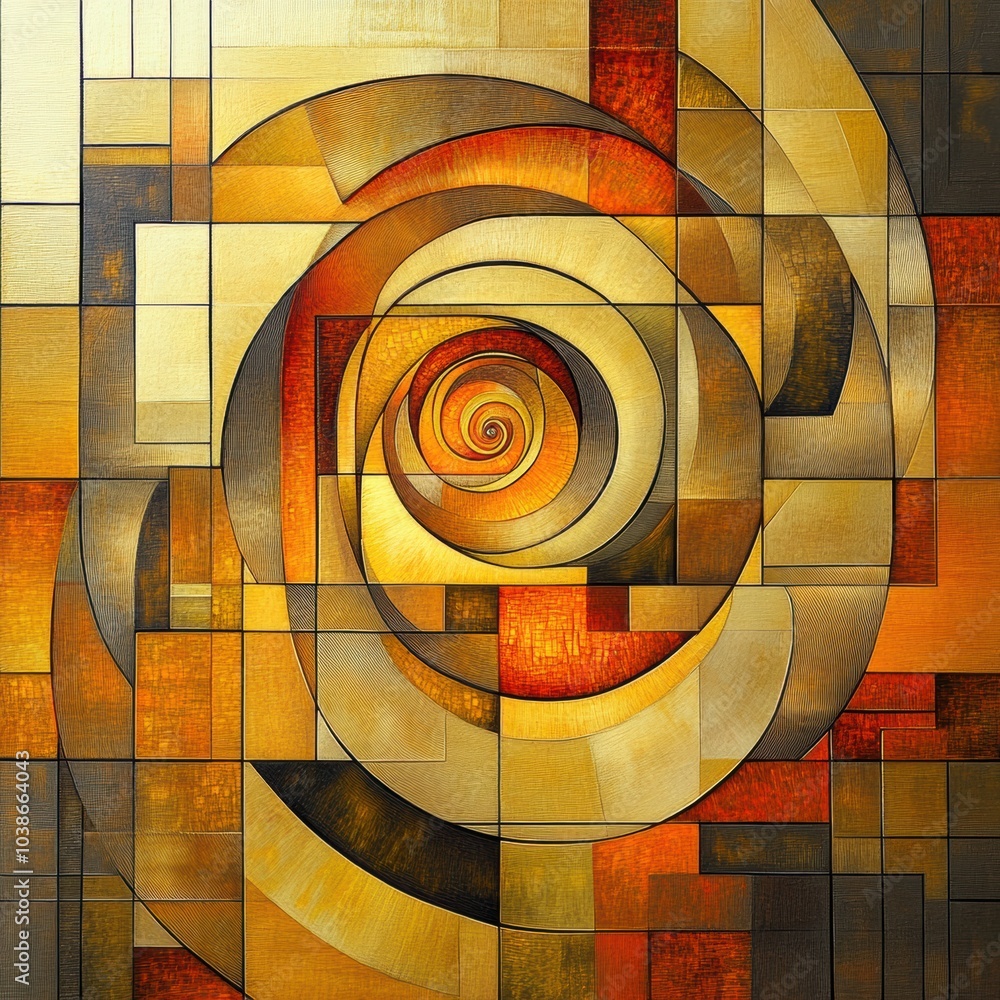 Aufkleber A vibrant composition features a golden spiral intricately interlaced with geometric shapes in hues of yellow and orange. Generative AI