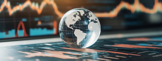 A digital 3D globe overlays financial data and bar graphs in glowing blue and orange hues, symbolizing global technology.