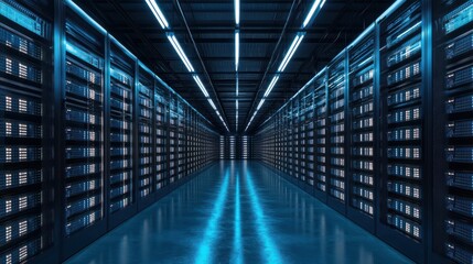 Fototapeta premium Centralized document management system with rows of digital archives for efficient storage, retrieval and distribution in a high-tech data center. HD image