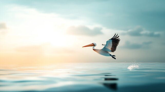 Pelican plunging into ocean depths, vibrant coastal scenery, dynamic marine life interaction, immersive 3D visual experience