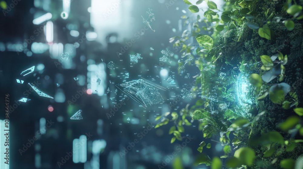 Poster clean background image with a sustentability environment and some tecnology icons flying around
