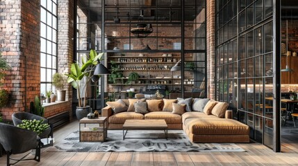 Naklejka premium Industrial style living room interior in loft, 3d rendering, AI generated image