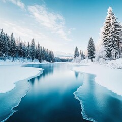 Frozen lake surrounded by snow-draped evergreens, peaceful winter chill