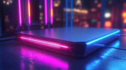 Close-up of Network Router with Neon Lights