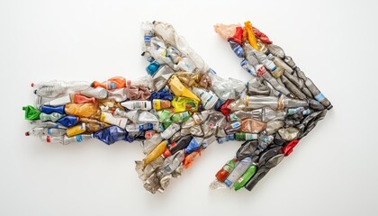 Artwork depicting arrow shape made of plastic waste, emphasizing environmental impact and consequences of consumer habits.