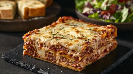 Classic lasagna slices, isolated on a dark granite surface, with melted cheese, a side of salad, and garlic bread for garnish