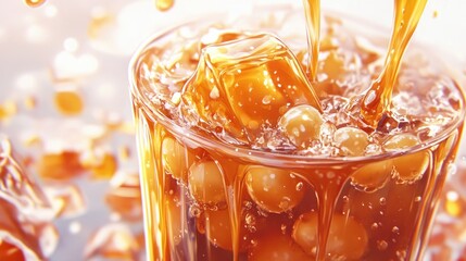 Refreshing Beverage with Ice Cubes and Bubbles
