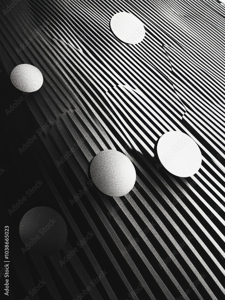 Poster a collection of large and small circles is scattered across a diagonal grid, creating a striking abs