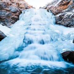 Frozen waterfall cascading down icy rocks, capturing nature s chill