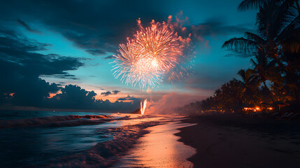 A photo of fireworks bursting over a beach, with ocean waves as the background, during a tropical New Year's Eve celebration