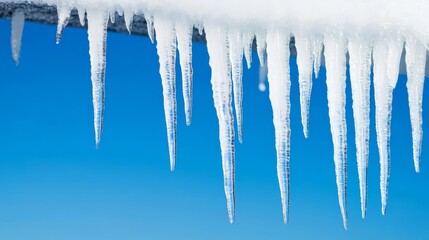 Icicles hanging from a snow-covered ledge, capturing winter s frozen beauty
