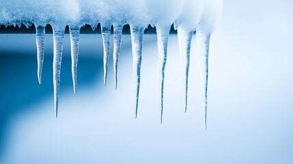 Icicles hanging from a snowy ledge, delicate winter detail