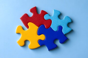 Obraz premium Four colorful puzzle pieces on light blue background