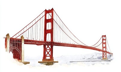 Obraz premium Artistic watercolor representation of the Golden Gate Bridge in San Francisco, available as a PNG with a clear background.