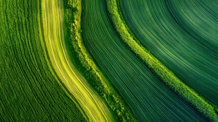 Aerial view of perfect green agricultural fields and cultivated land