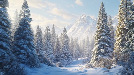 Obraz premium Winter Landscape with Snowy Pine Trees Mountains in Background
