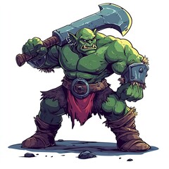 A muscular, green-skinned orc stands confidently, wielding a large, menacing axe. The orc's body is exaggeratedly muscular with thick arms and a broad chest. It has pointed ears and sharp teeth visibl