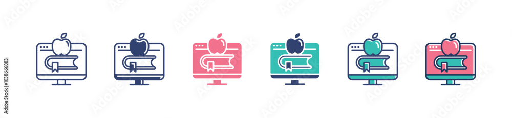 Aufkleber monitor digital library book icon set online course literature education learning media vector illustration with book and apple stack signs for web and app