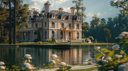 Fototapeta premium A grand mansion by the lake with an expansive garden and lake view.