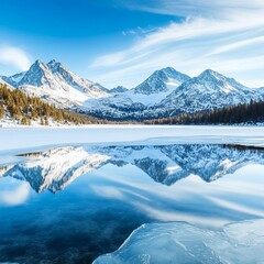 Snow-capped mountains reflecting in an icy lake, winter s chill beauty