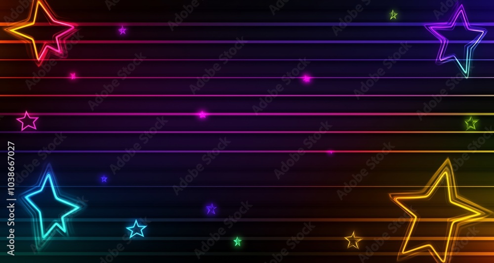 Poster a colorful abstract scene with neon stars and multicolored stripes creating a dynamic and lively atm