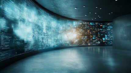 Futuristic smart grid control center featuring holographic displays, blue tones, showcasing renewable energy management and data visualization.