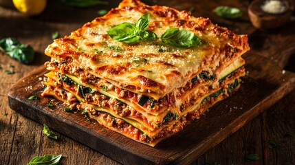 Fototapeta premium Layered lasagna with zucchini and spinach, on a wooden cutting board, with decorative sprigs of basil and fresh lemon zest