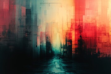Obraz premium Abstract Urban Glitch Art Background Teal Orange Red Cityscape Texture