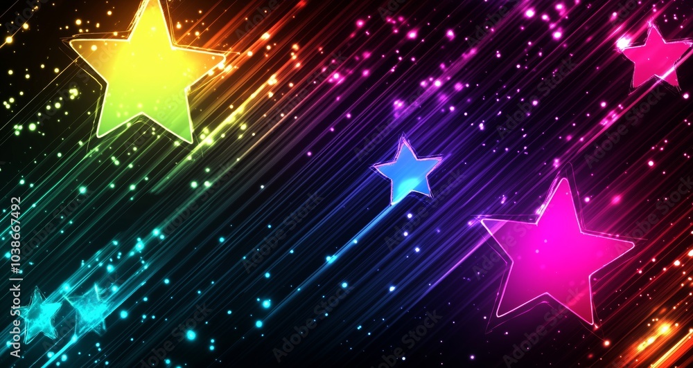 Poster vibrant neon stars scattered across a cosmic background with dynamic patterns creating a lively disp