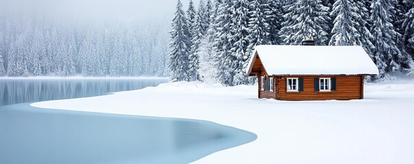 Naklejka premium Snow-covered cabin by a frozen lake, capturing the chill of winter