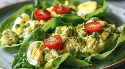 A plate of Avocado Egg Salad Lettuce Wraps, with creamy avocado egg salad nestled in large, crisp lettuce leaves. The salad is topped with halved cherry tomatoes and a sprinkle of fresh chives.