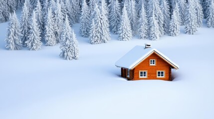Naklejka premium Snow-covered cabin nestled among snow-laden trees, cozy winter escape