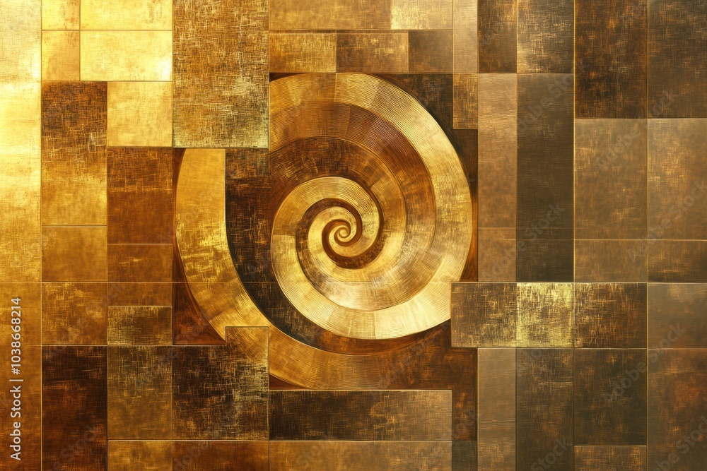 Aufkleber The artwork features a vibrant golden spiral merging with squares and rectangles, creating a captivating interplay of shapes and textures. Generative AI