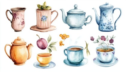 Watercolor Sticker Set Featuring Various Teapots Cups