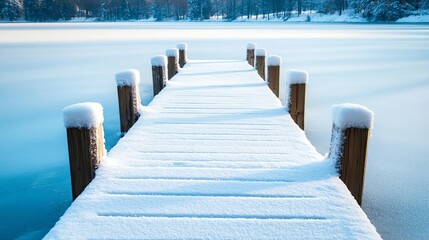 Snow-covered dock by a frozen lake, capturing the quiet of winter