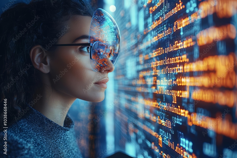 Aufkleber cybersecurity concept of software, coding hologram and woman on tablet thinking of data analytics, d
