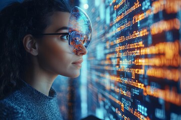 Cybersecurity concept of  Software, coding hologram and woman on tablet thinking of data analytics, digital technology and night overlay