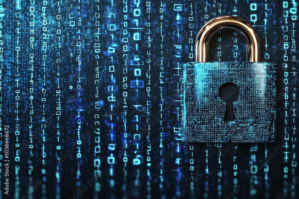 Poster cybersecurity concept of cybersecurity and data privacy protection concept, lock, binary digits back