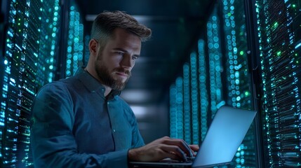 Cybersecurity concept of  Caucasian IT professional admin using laptop computer doing data transfer operation with rack server cabinets in digital room of data center