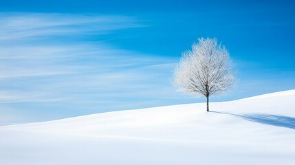 Obraz premium Snow-covered field with a single tree, capturing winter s isolation
