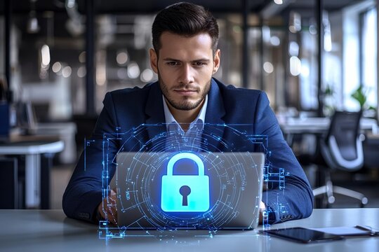Cybersecurity concept of  Handsome businessman in suit at workplace working with laptop to defend customer cyber security
