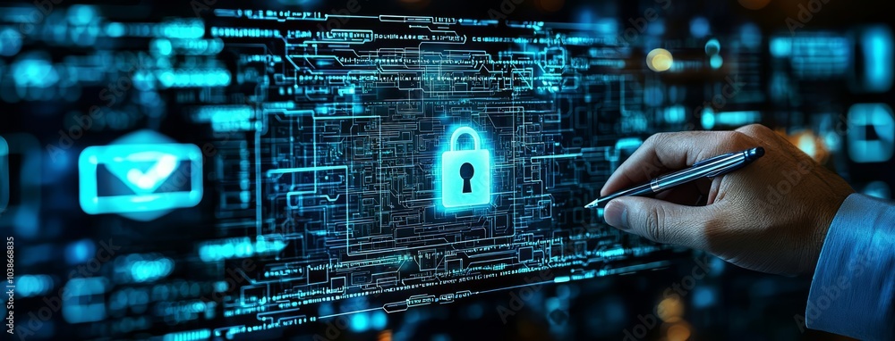 Poster cybersecurity concept of business hand working with data protection cyber security privacy business 