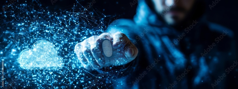 Poster cybersecurity concept of businessman and fingerprint scanning unlock and access to business data net