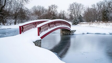 Snow-covered footbridge over an icy river, serene winter scene
