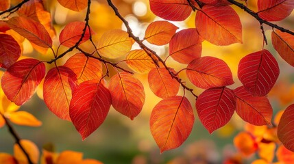 Close-up of vibrant orange and red autumn leaves on a tree with sunlight filtering through.