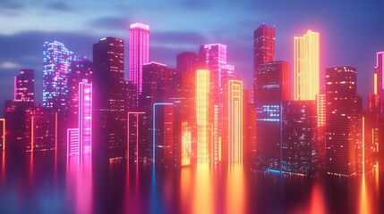 Vibrant neon cityscape at dusk with colorful skyscrapers reflecting in calm water, evoking a futuristic and energetic atmosphere.