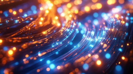 Obraz premium Fiber optic cables with glowing blue and orange lights in a futuristic scene.