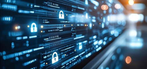 Fototapeta premium Cybersecurity concept of cybersecurity concept, internet security, screen with padlock , copy space for text,