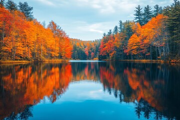 Fototapeta premium Autumn Trees Reflected in Still Water Lake